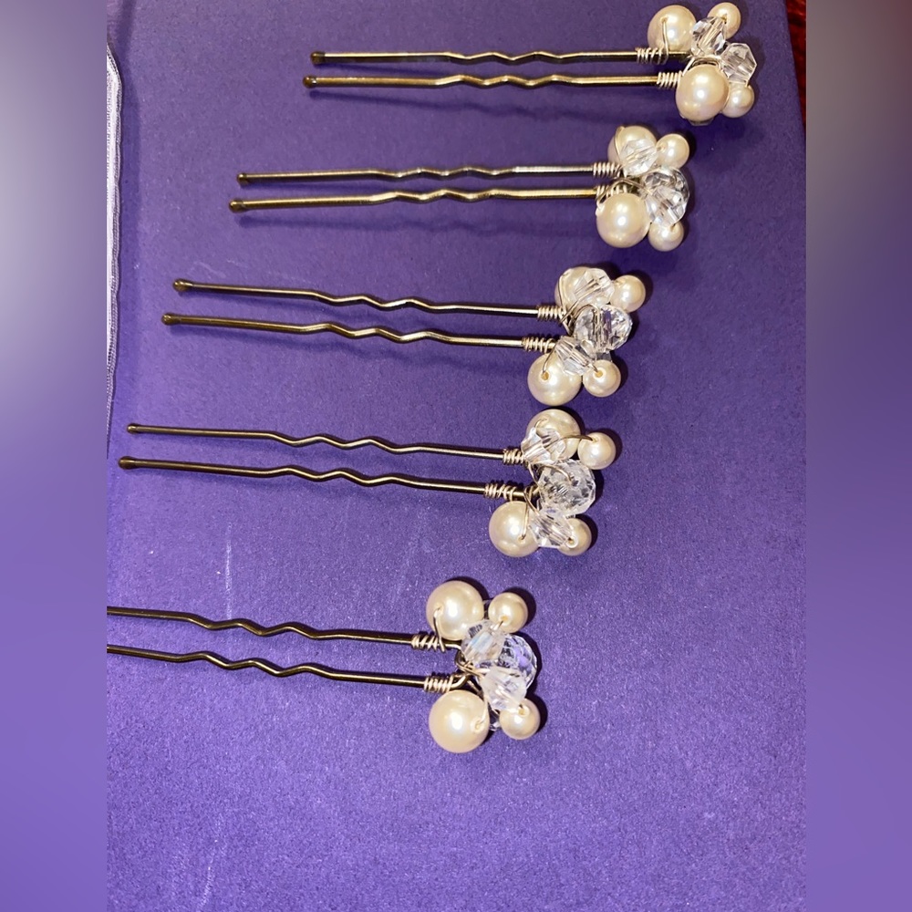 Bridal hair pins (5) pearls and Swarovski crystal beads